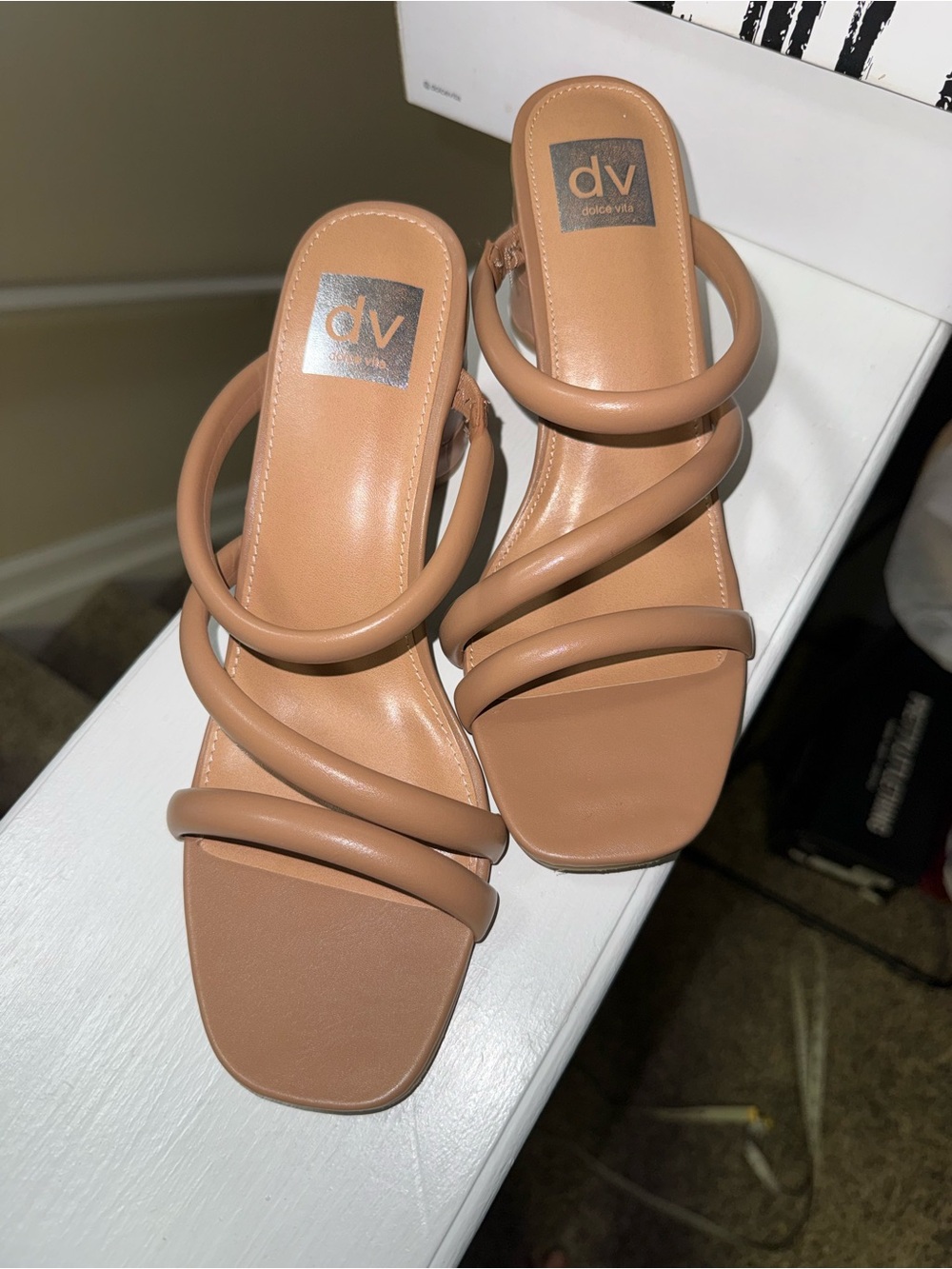 Dolce Vita Strappy Croc-Textured Block Heel Sandals in Brown